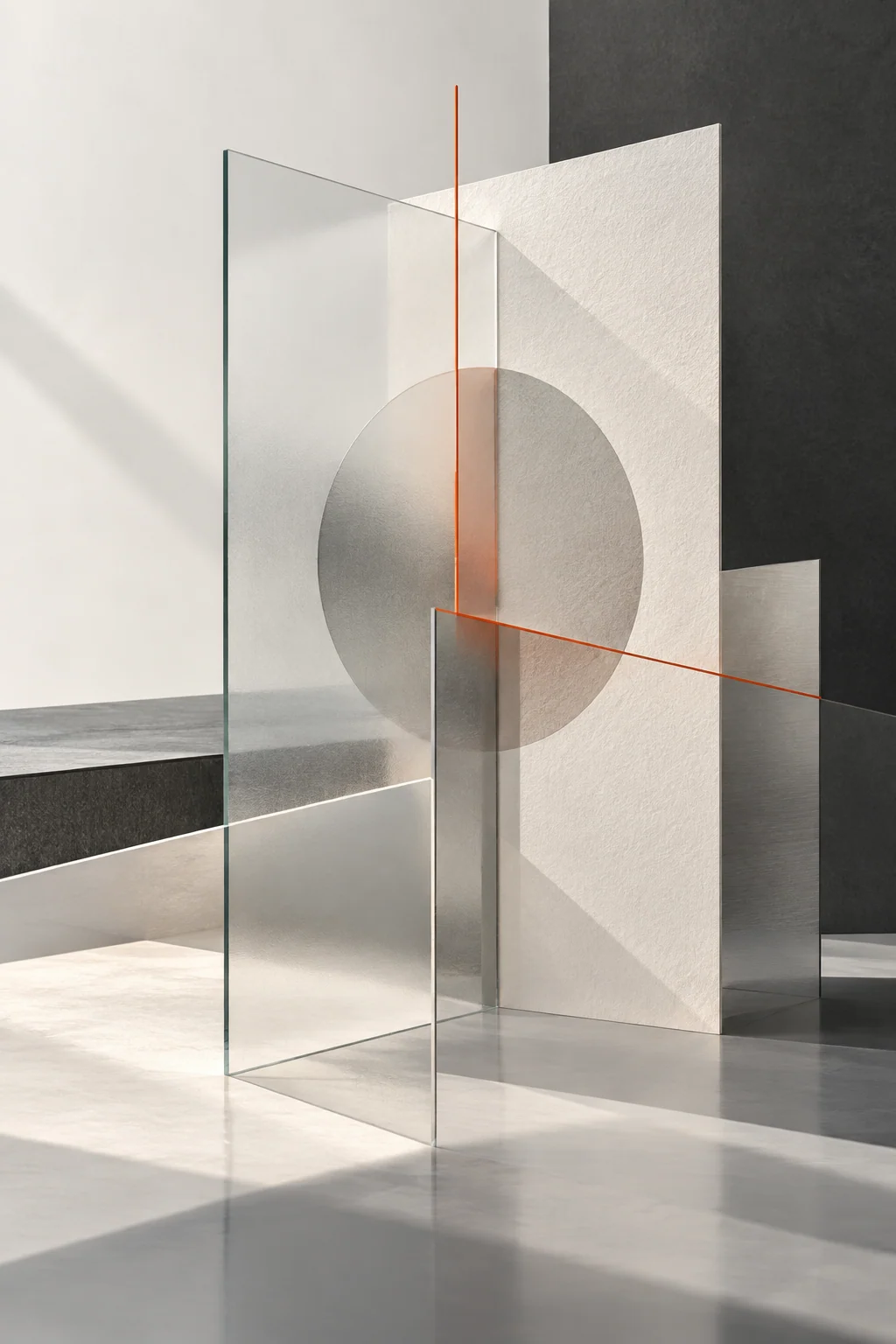 Abstract arrangement of glass, paper, and an orange line.