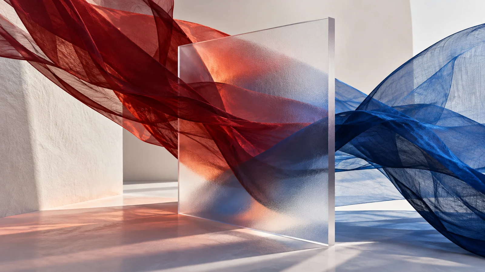 Abstract red and blue textiles moving through frosted glass.