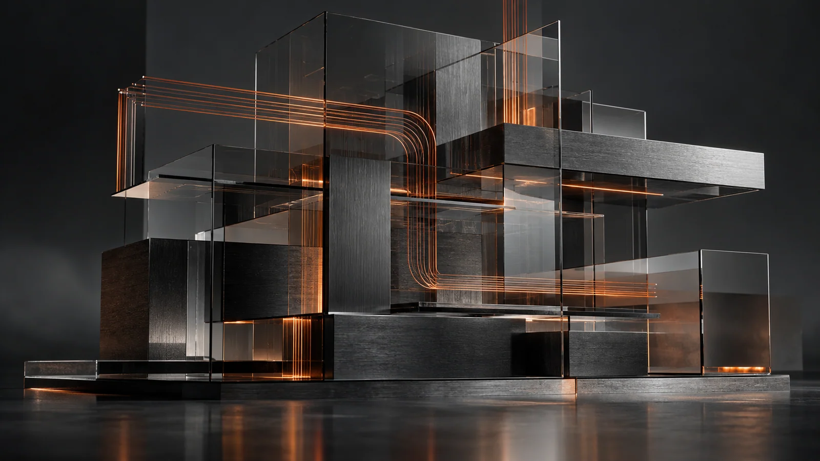 Abstract system of smoked glass, dark metal, and orange light.